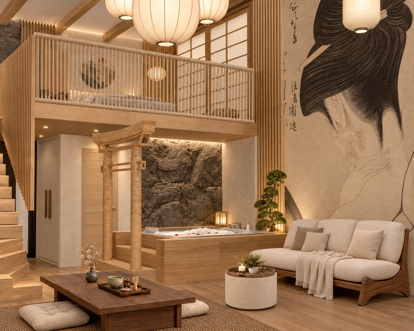 Perspective du projet Japan : bois clair, salon et espace de bien-être d’inspiration japonaise