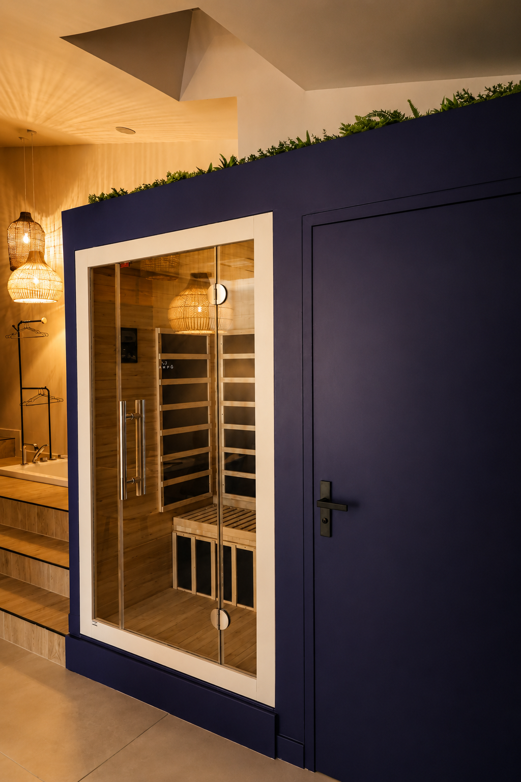 Le sauna infrarouge privatif du Loft, intégré dans son décor bleu nuit et bois, près de la balnéo