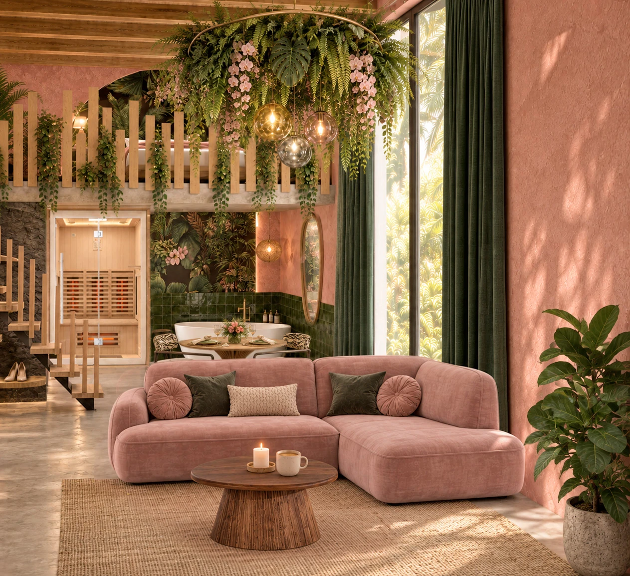Perspective du projet Tropical Glam : salon rose, végétation et espace bien-être