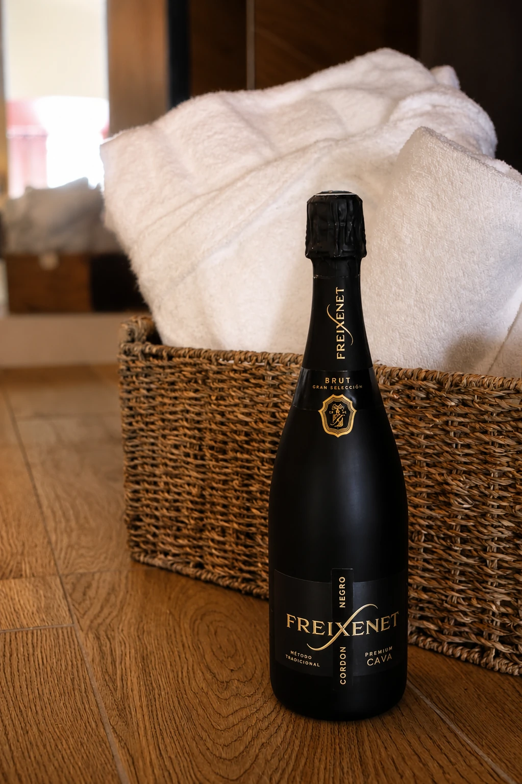 Une bouteille de Freixenet près des serviettes du Loft