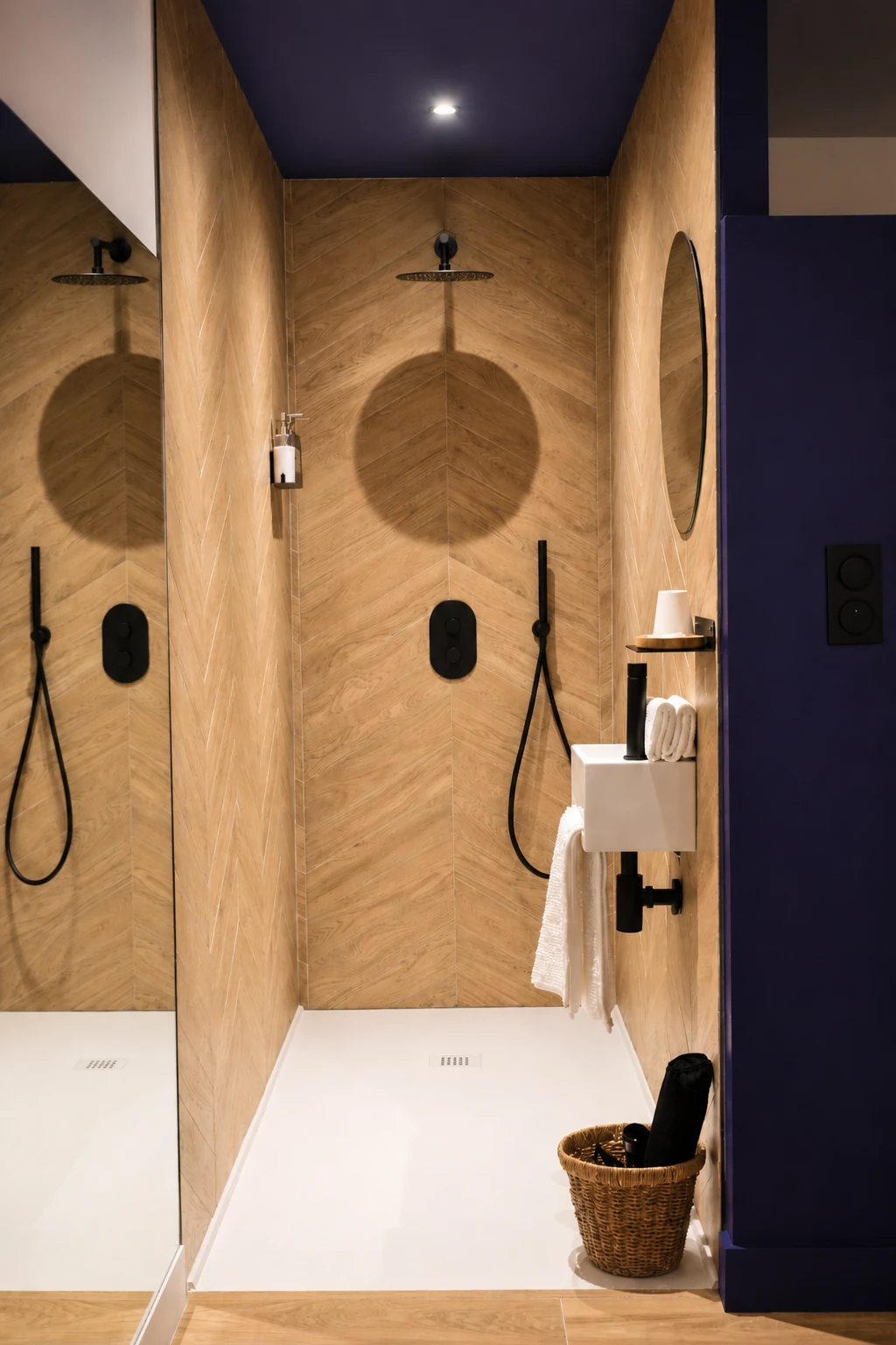 La double douche et ses deux colonnes noires
